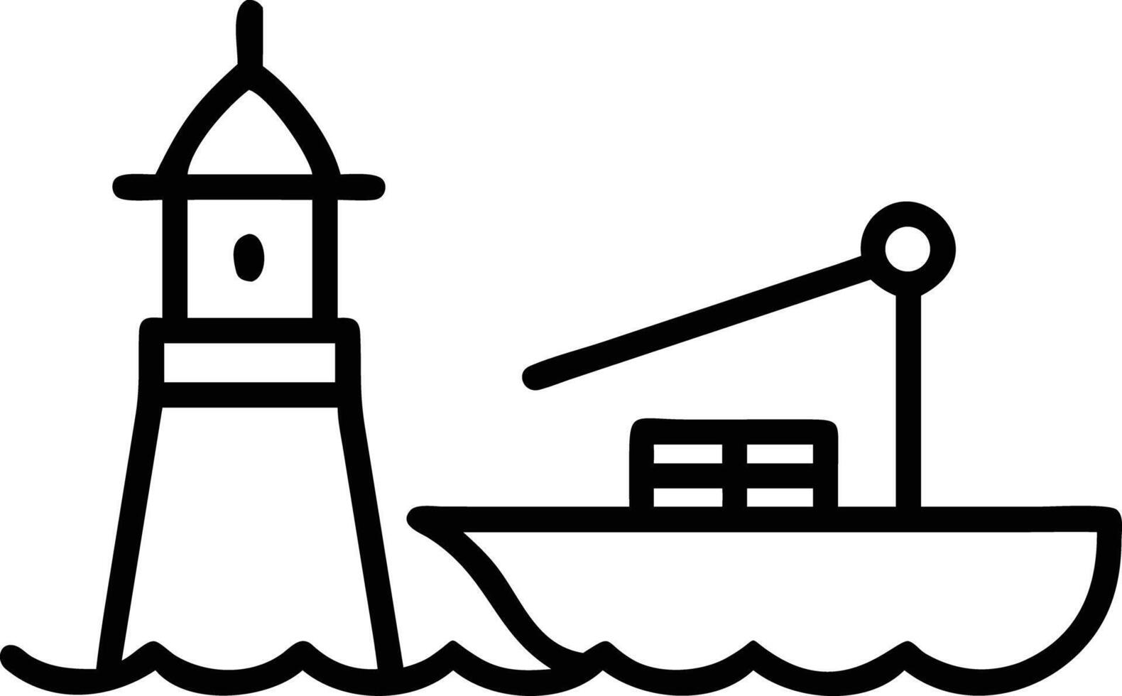 Simple line drawing of lighthouse and boat on sea waves, minimal style vector
