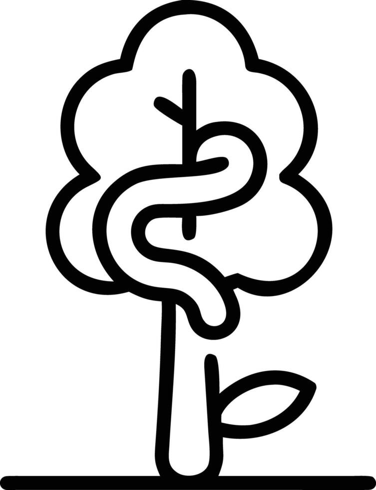 Single line drawing of tree and snake with simple leaf outline vector