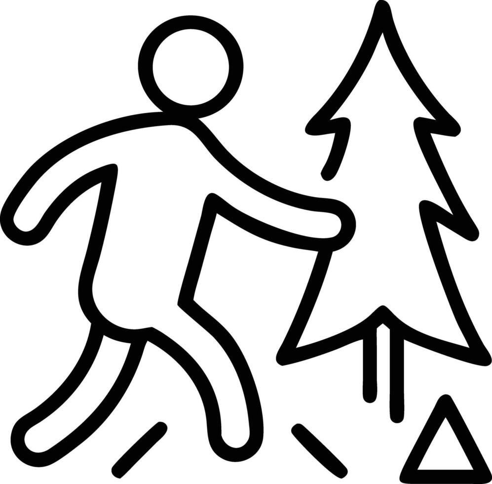 Stick figure walking in forest with christmas tree and camping elements icon vector