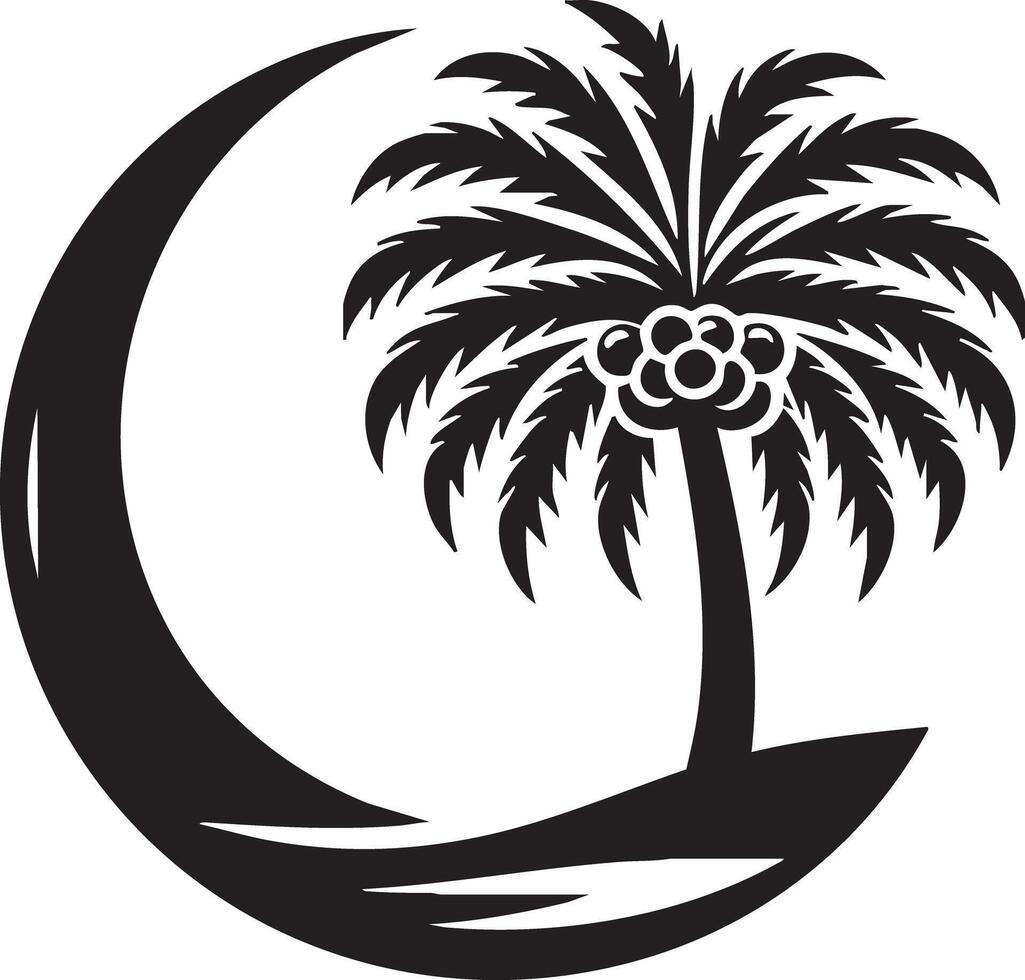Stylized Crescent Moon Embracing a Palm Tree Silhouette on Tropical Island Beach vector