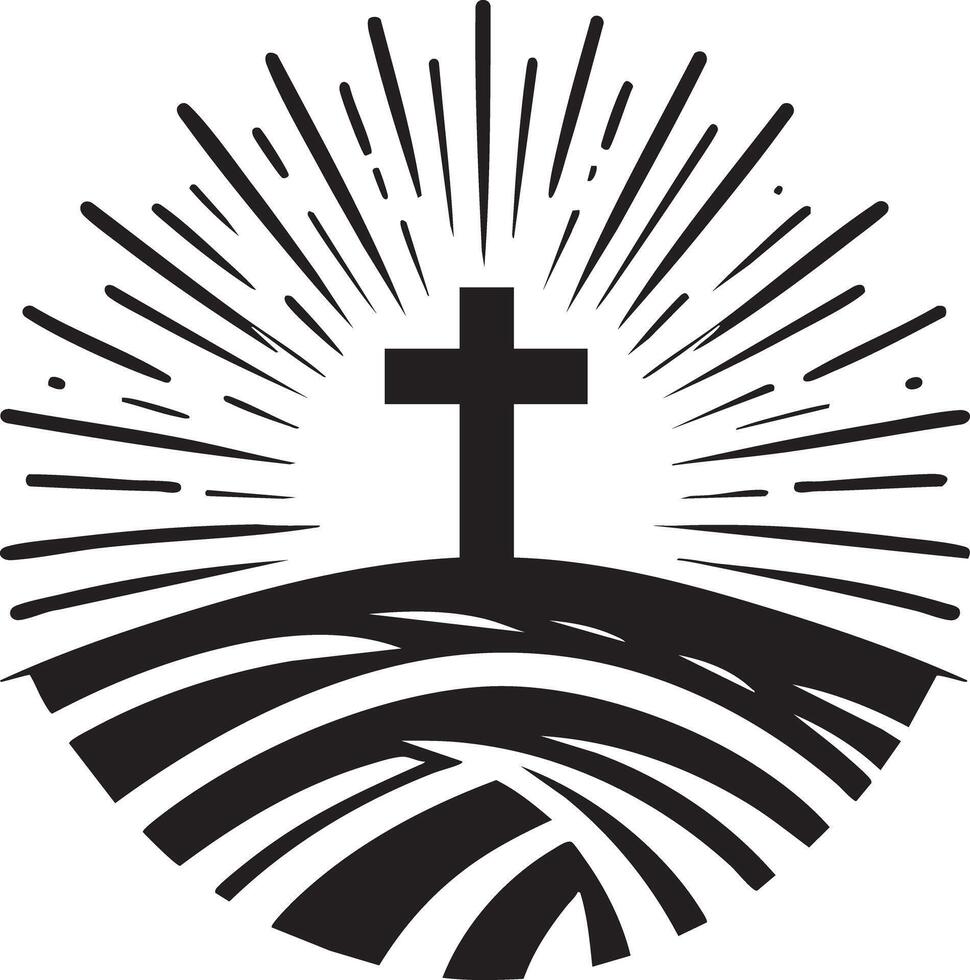 Christian Cross Silhouette on a Hilltop with Rays of Light Symbolizing Faith and Hope vector