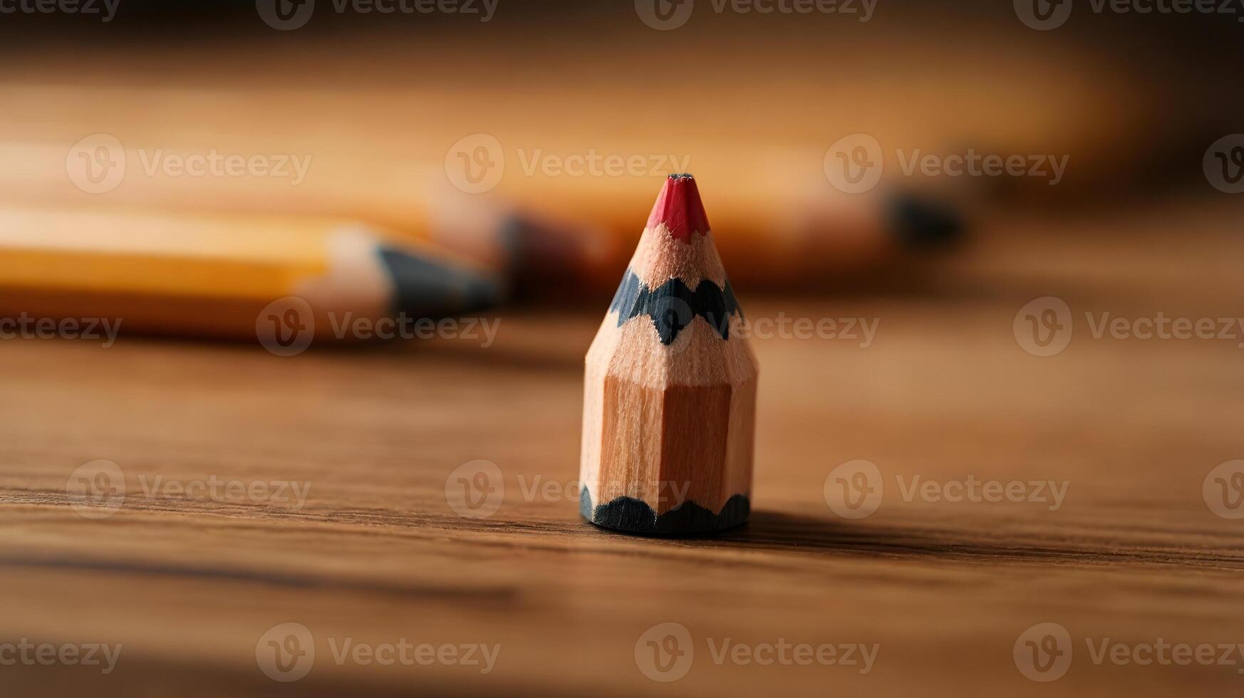 Close-up of a Sharpened Pencil with Red Tip on Wooden Surface photo