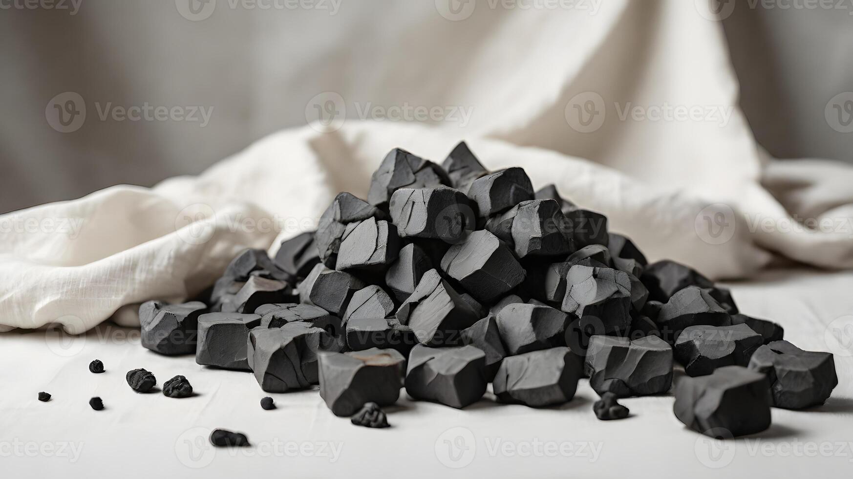 Artistic Pile of Charcoal Blocks on White Surface with Soft Fabric Backdrop photo
