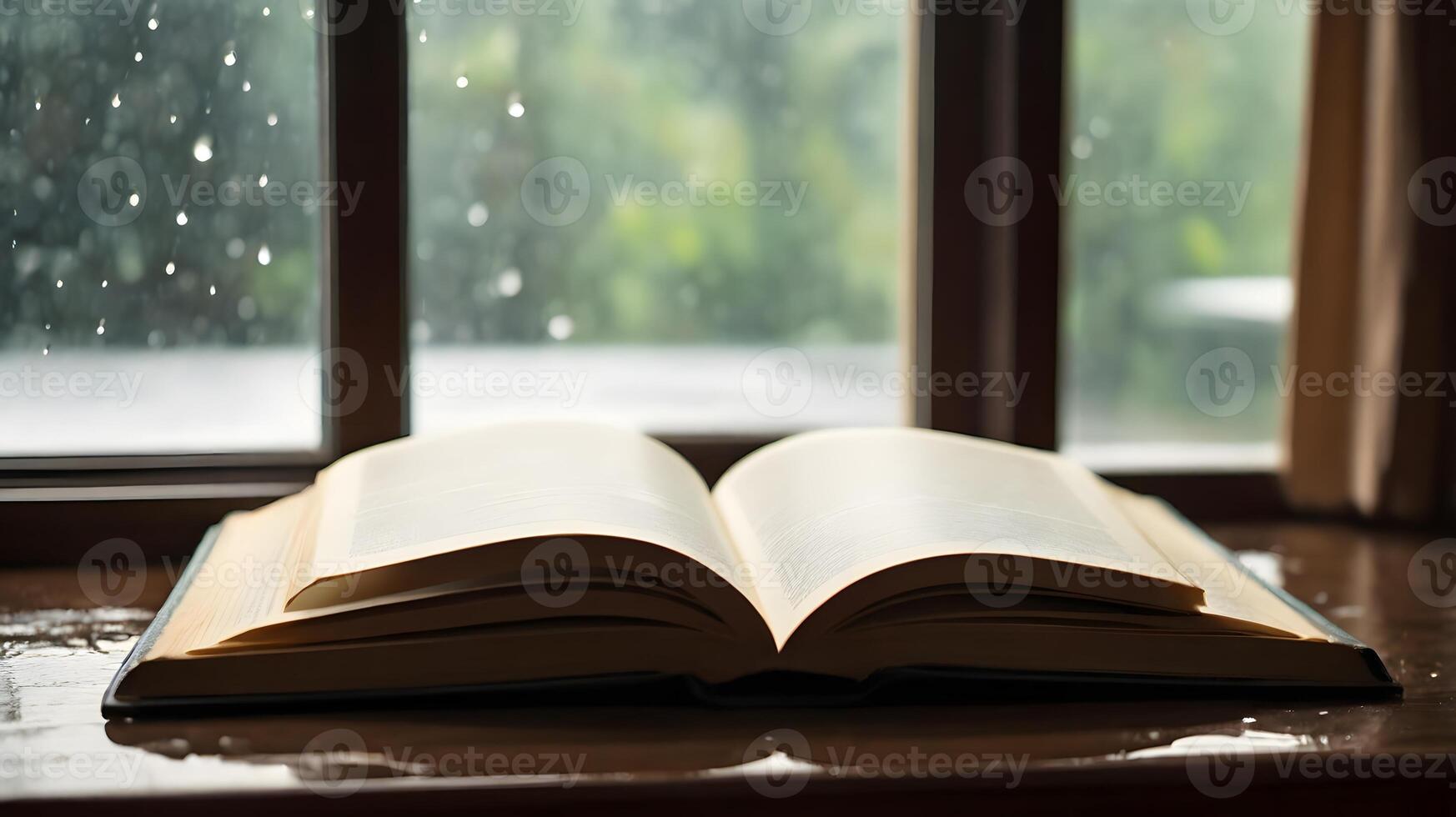 Open Book on Table with Raindrops Outside Window, Reading Concept photo