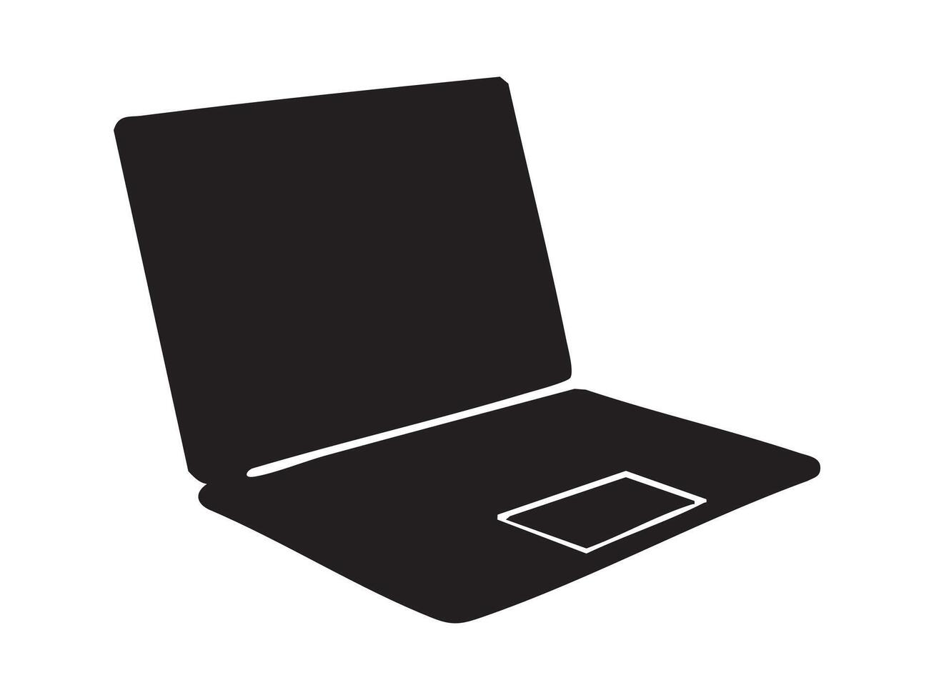 Black silhouette of open laptop, isolated on white background, graphic illustration. concept of technology, portable computer, device, electronic gadget, icon, design element vector