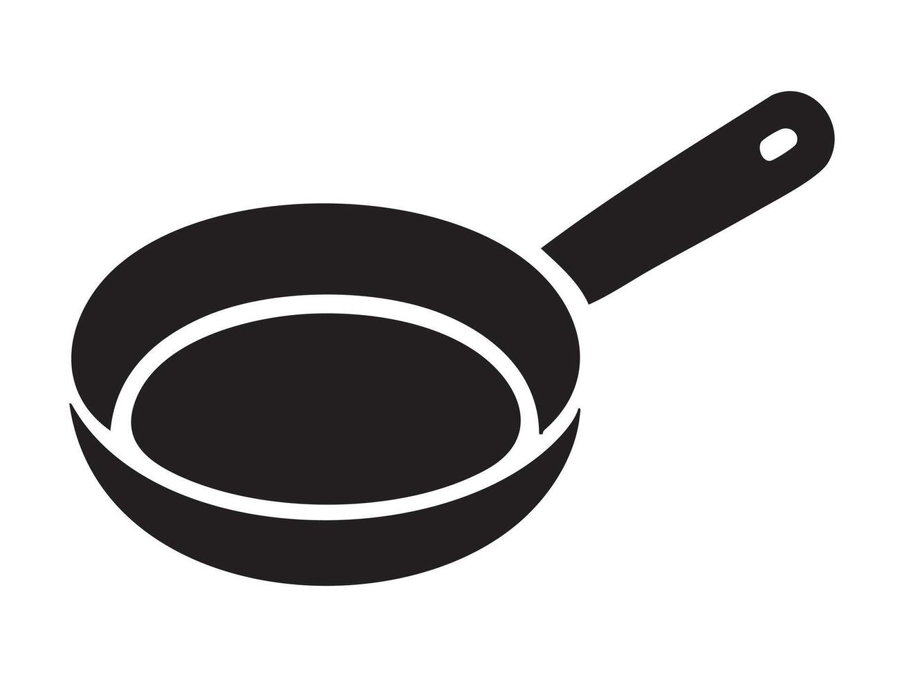 Black silhouette of frying pan with handle, isolated on white background, graphic illustration. concept of kitchen utensil, cooking tool, cookware, icon, logo, design element vector