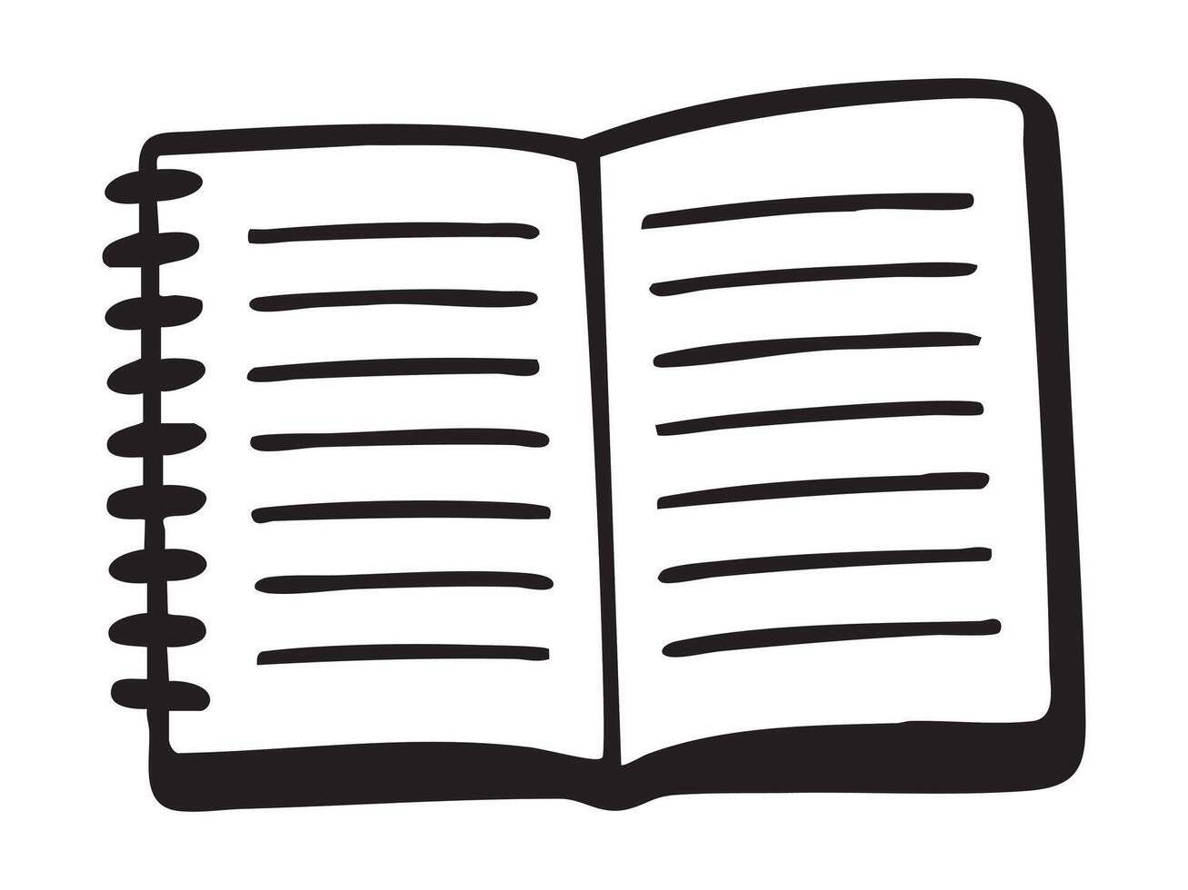 Black silhouette of spiral notebook with open pages, isolated on white background, graphic illustration. concept of writing, stationery, paper, icon, note-taking, design element vector