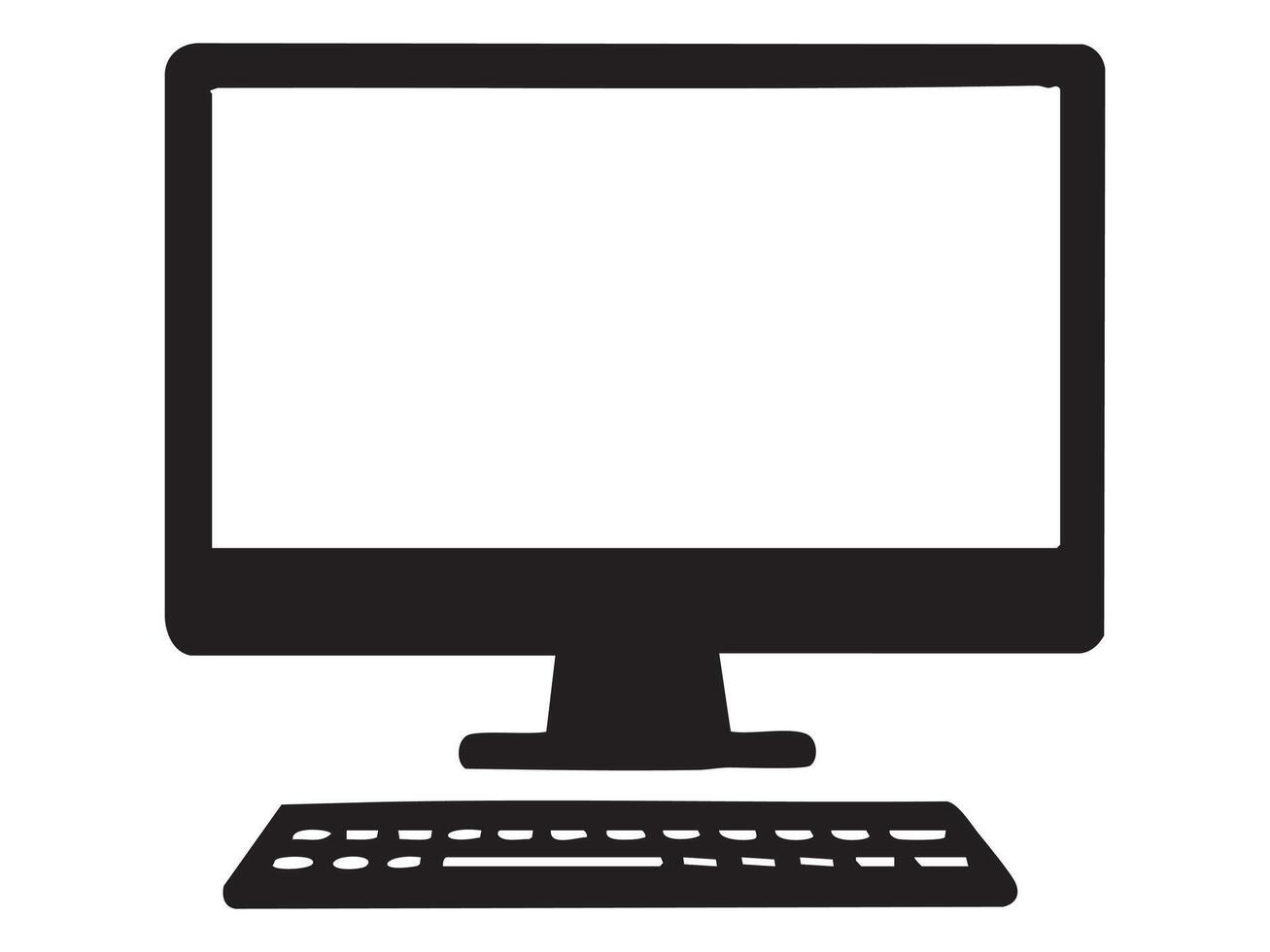 Black silhouette of desktop computer with monitor and keyboard isolated on white background. concept of technology, gadget, icon, office equipment, design element vector