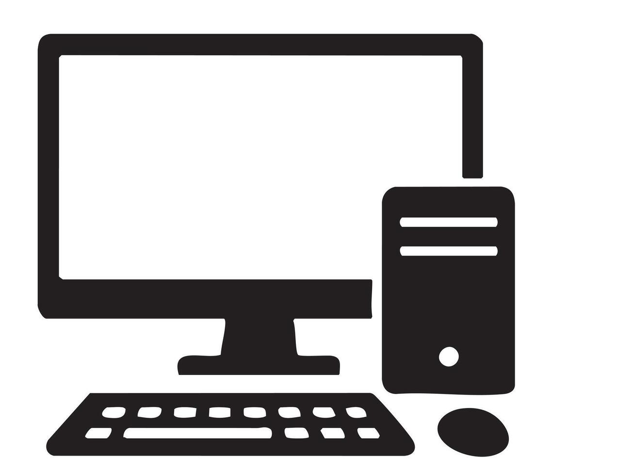 Black silhouette of computer and desktop accessories, isolated on white background, graphic illustration. concept of technology, gadgets, office equipment, icon, logo, design element vector