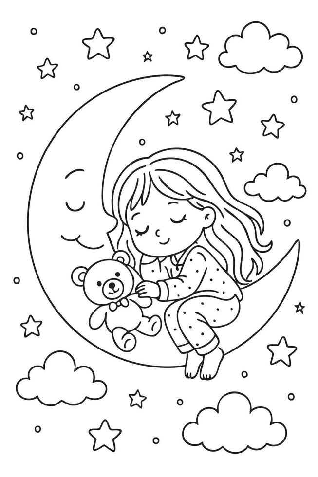 Black outline of child sleeping on the moon with toy bear surrounded by stars and clouds. coloring page for children, night sky, dreams, bedtime illustration. vector