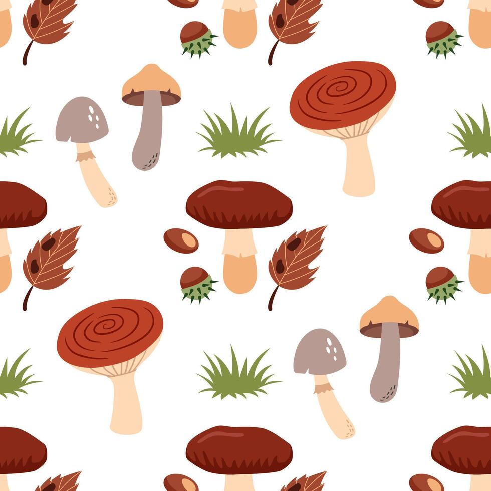 Seamless pattern with mushrooms and leaves. Colorful background for packaging, fabric, paper, wallpaper, scrapbook. vector