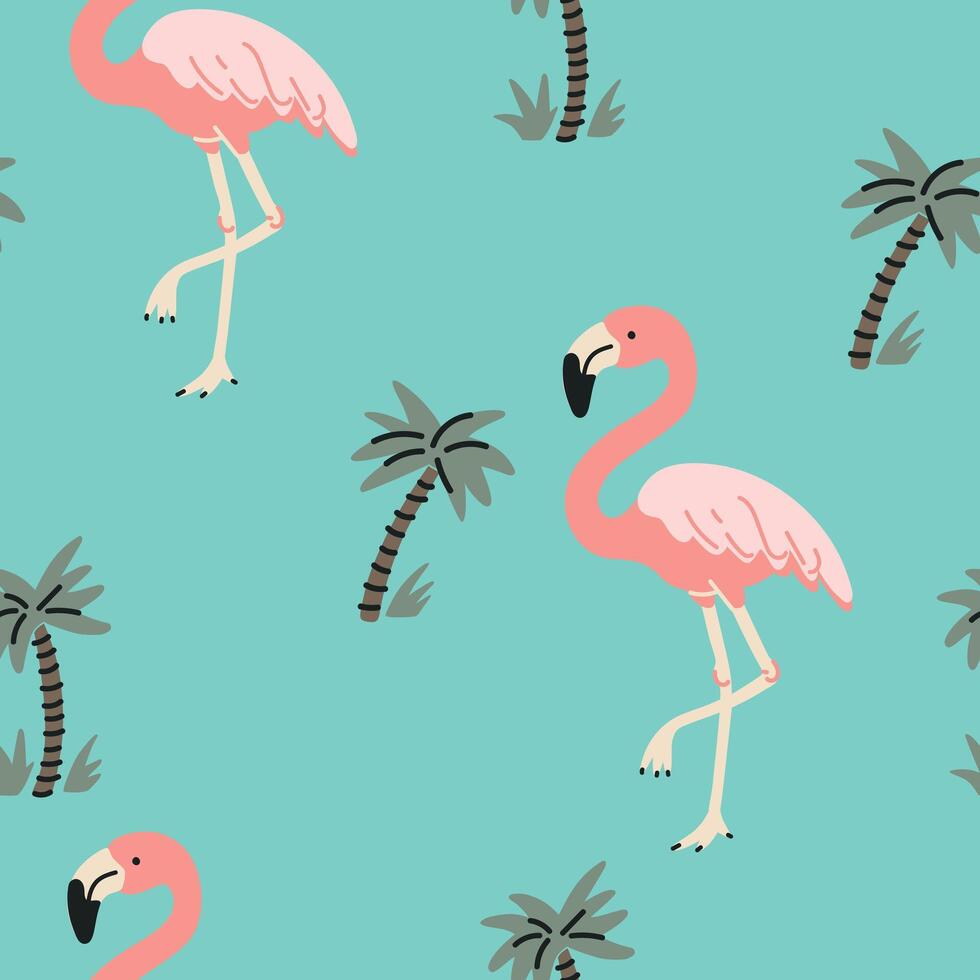Tropical seamless pattern with pink flamingos and palm trees on a turquoise background. vector