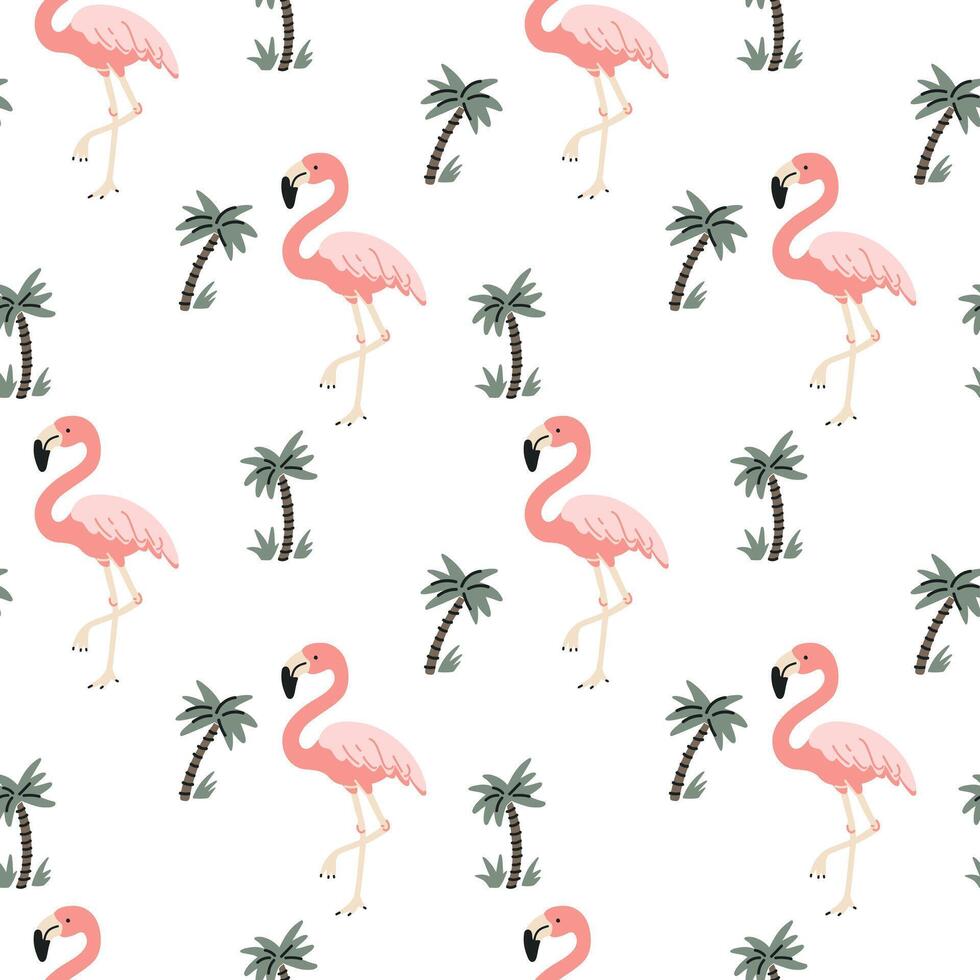 Tropical seamless pattern with pink flamingos and palm trees on a white background. vector
