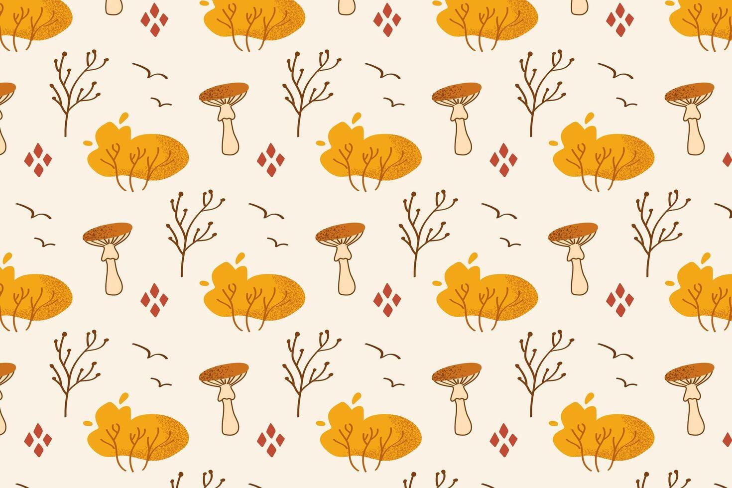 Pattern with mushrooms, bare trees and autumn flowers in soft orange and beige tones. Great for eco-friendly textiles, stationery or clothing with a cozy theme, organic packaging, notebook covers vector