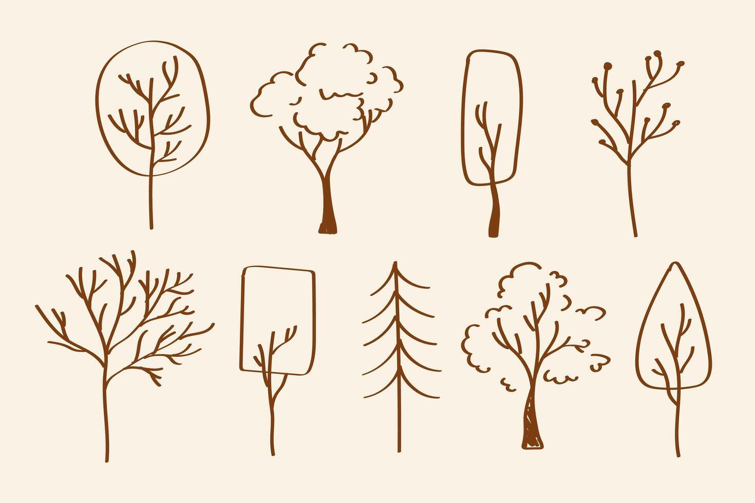 Set of outline bare trees in minimalist style on beige background. Doodle style, suitable for seasonal illustrations, graphics on nature or botanical themes. vector