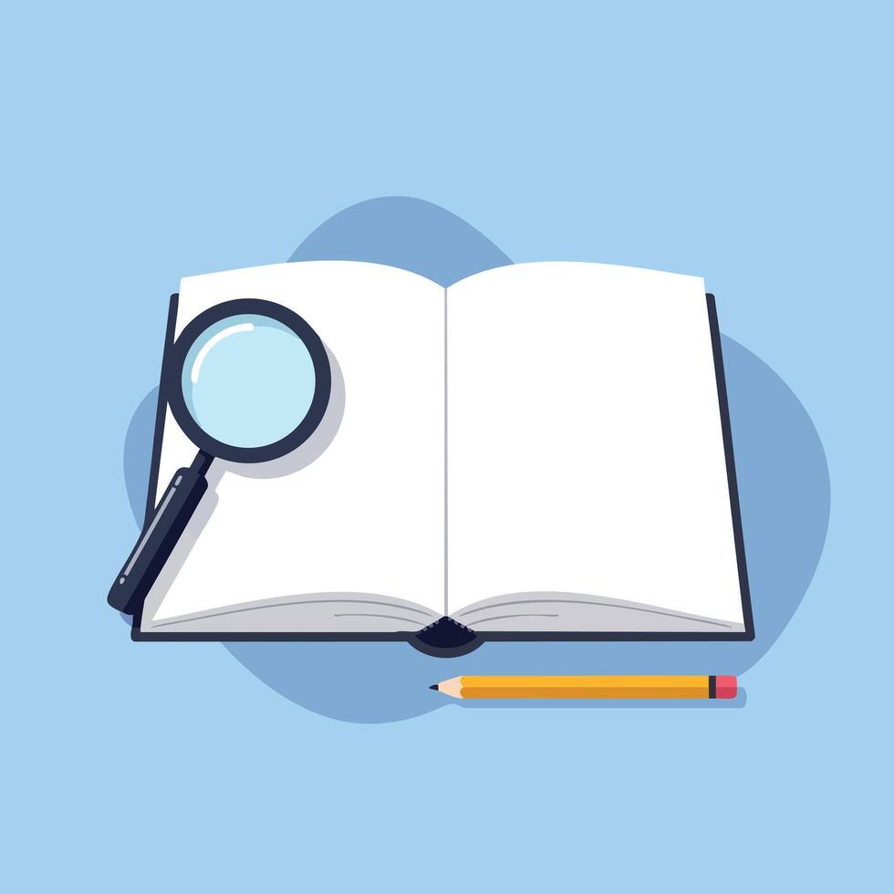 Open book with magnifying glass and pencil on blue background illustration for study and research concept vector
