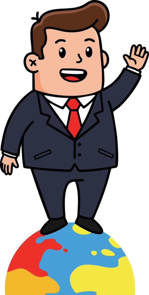 Businessman standing on colorful globe illustration with suit and red tie waving hand graphic vector
