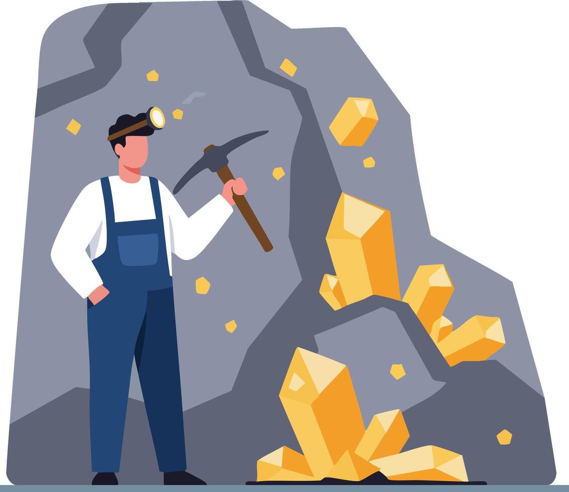 Miner with pickaxe mining gold crystals in cave illustration with dark grey rocks and yellow crystals vector