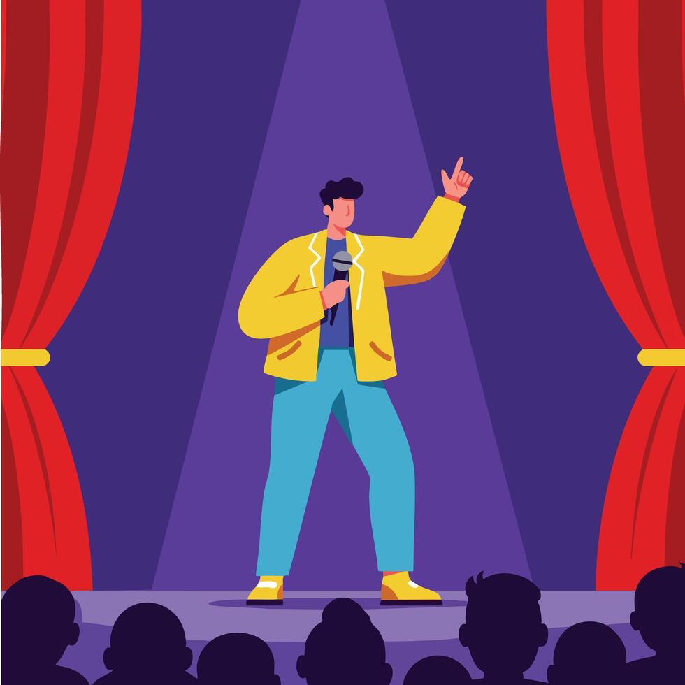 Male singer performing on stage with microphone in spotlight and red curtains illustration vector