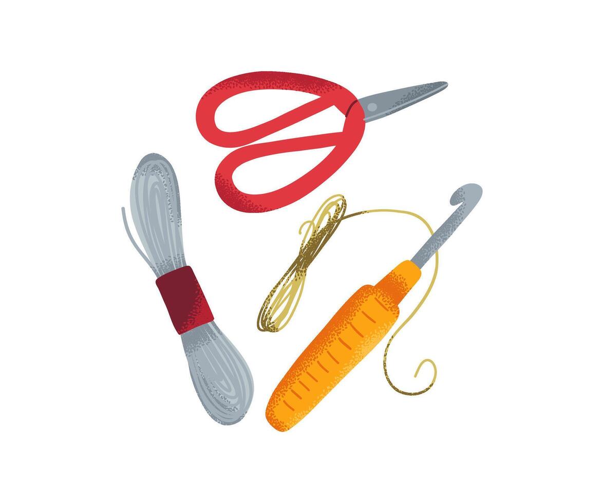 Knitting tools set with yarn, crochet hook and scissors isolated on white background. Hand drawn illustration for hobby, craft and handmade themes. vector