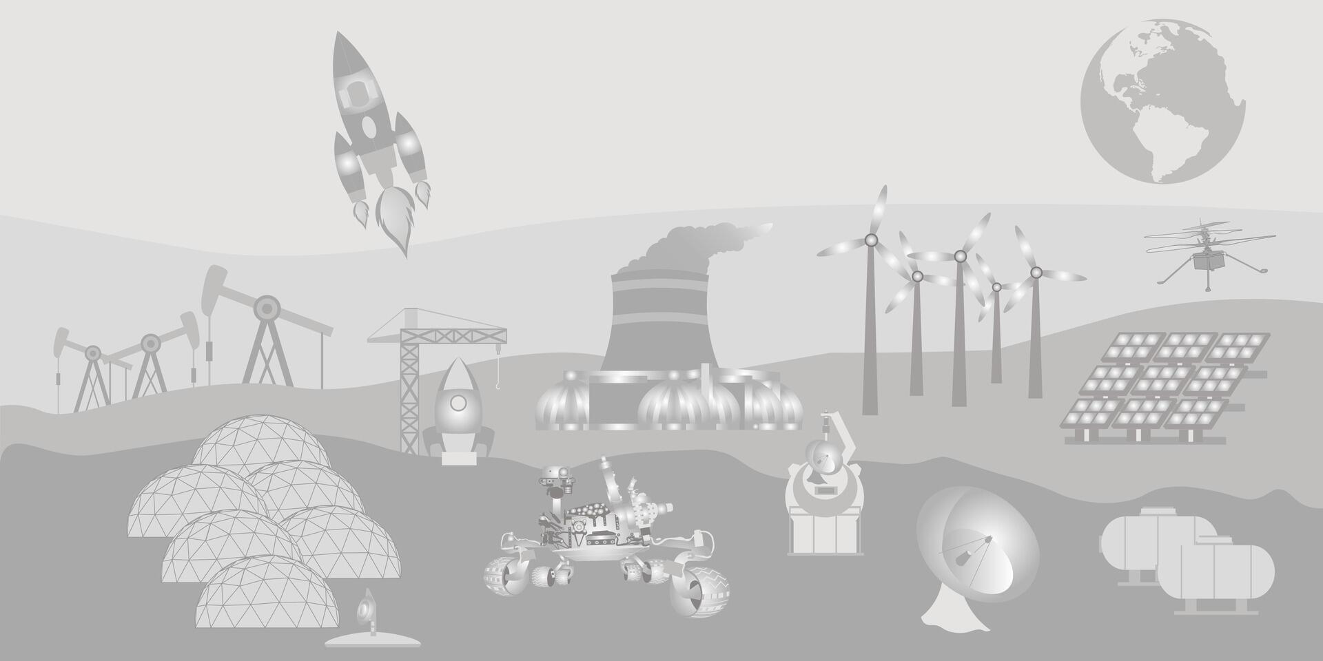 Mars colonization concept. Expedition colonization complex. Rockets, electrostation, residential infrastructure vector