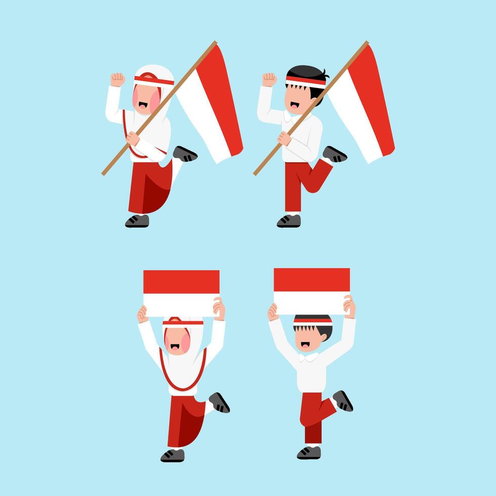 Set Of Indonesian Elementary Student Holding Flag vector