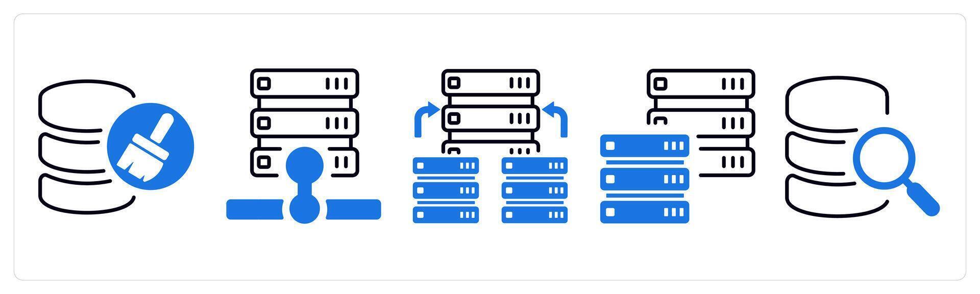 A set of 5 mix icons as server maintenance, database server, hosting server in blue color vector