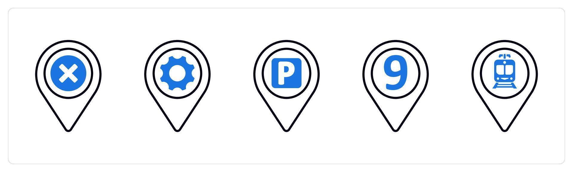 A set of 5 mix icons as delete, options, parking spot in blue color vector