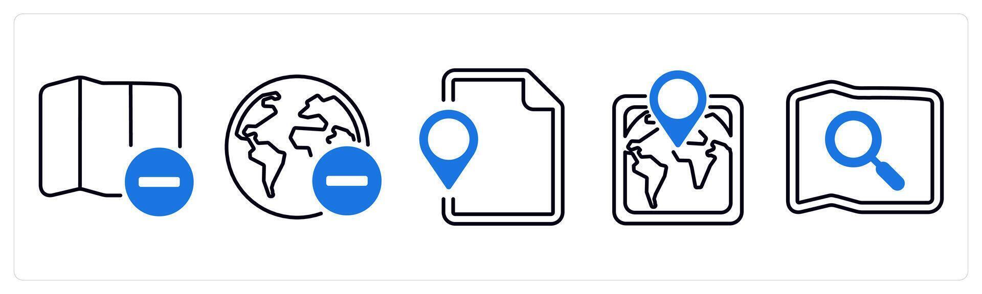 A set of 5 mix icons as map, location, map document in blue color vector