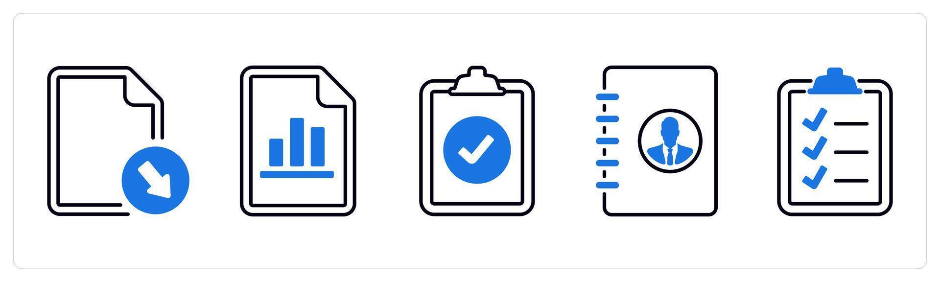 A set of 5 mix icons as download documen, chart document, done list in blue color vector