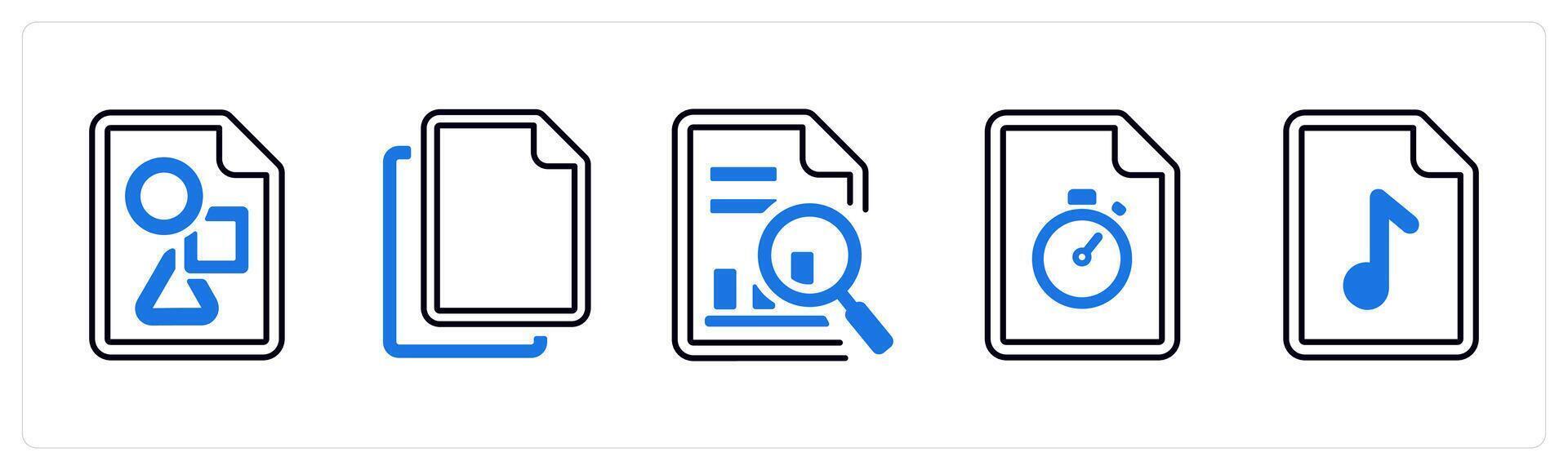 A set of 5 mix icons as project document, duplicate, data search in blue color vector