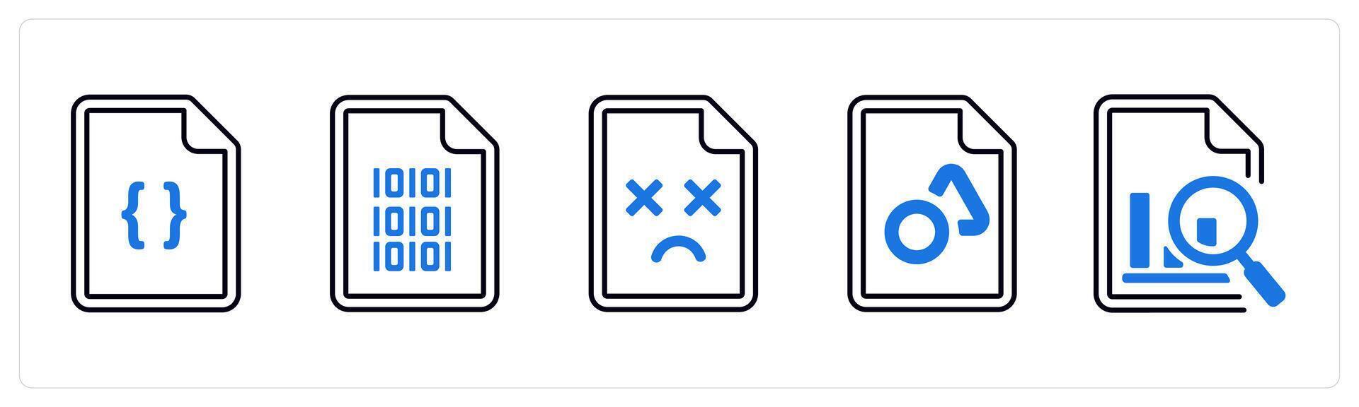 A set of 5 mix icons as programming, missing page, strategy in blue color vector