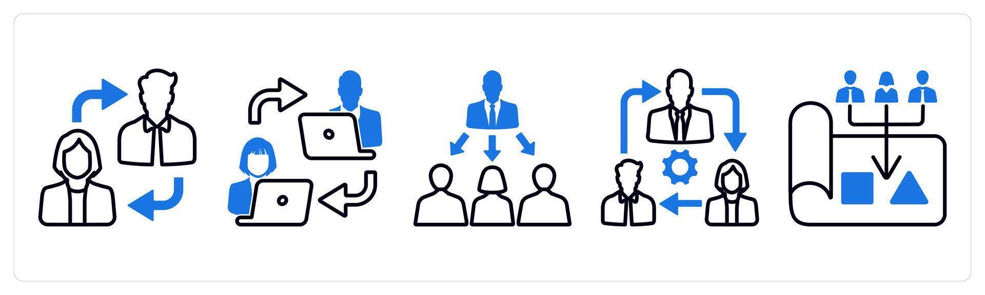 A set of 5 mix icons as coordination, network, trainer in blue color vector