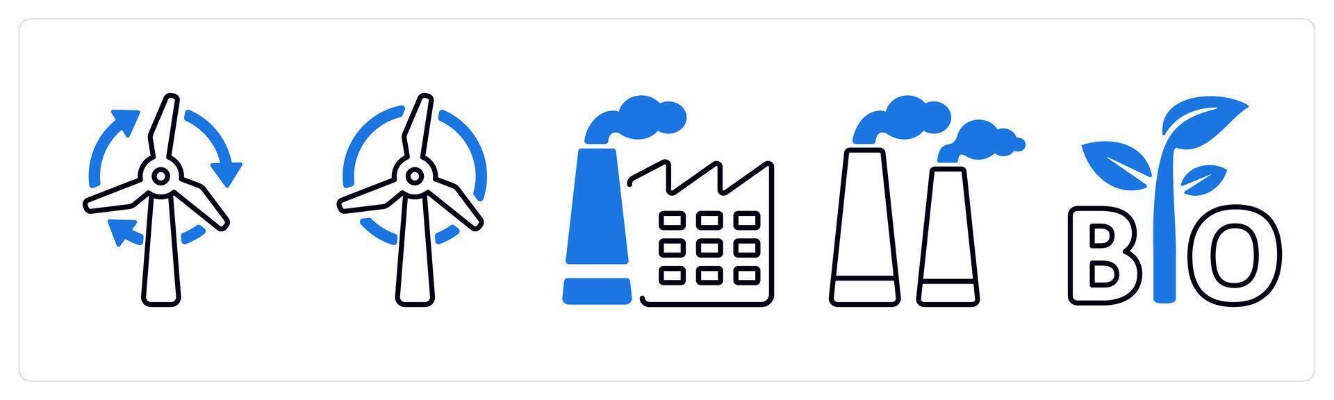 A set of 5 mix icons as wind energy, factory pollution, bio in blue color vector