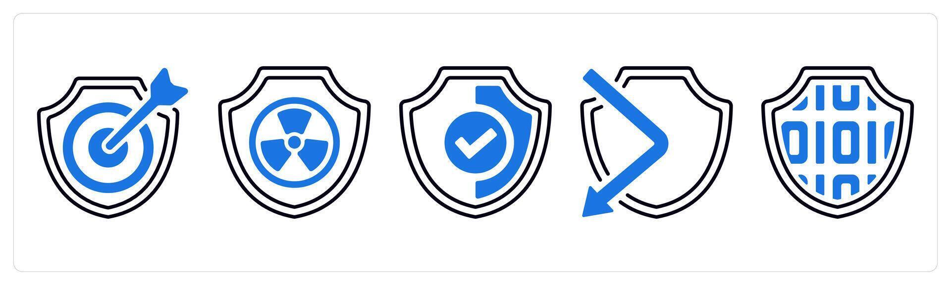 A set of 5 mix icons as target security, nuclear protection, security in blue color vector