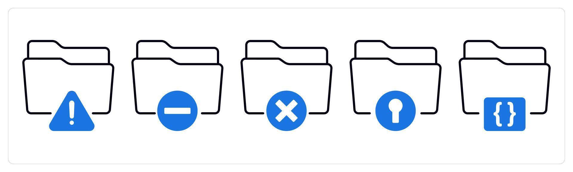 A set of 5 mix icons as warning, minus folder, remove folder in blue color vector