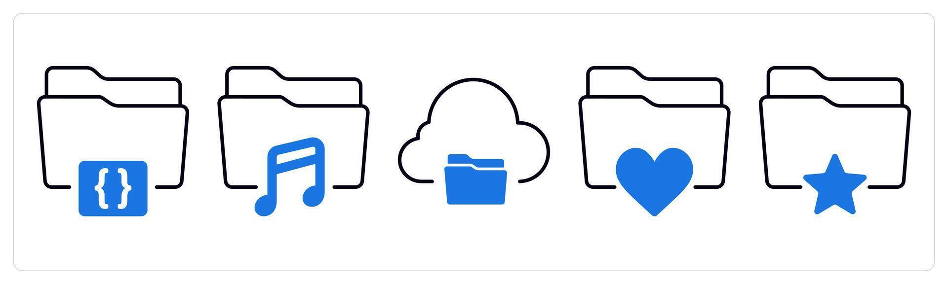 A set of 5 mix icons as folder code, music folder, cloud sharing in blue color vector