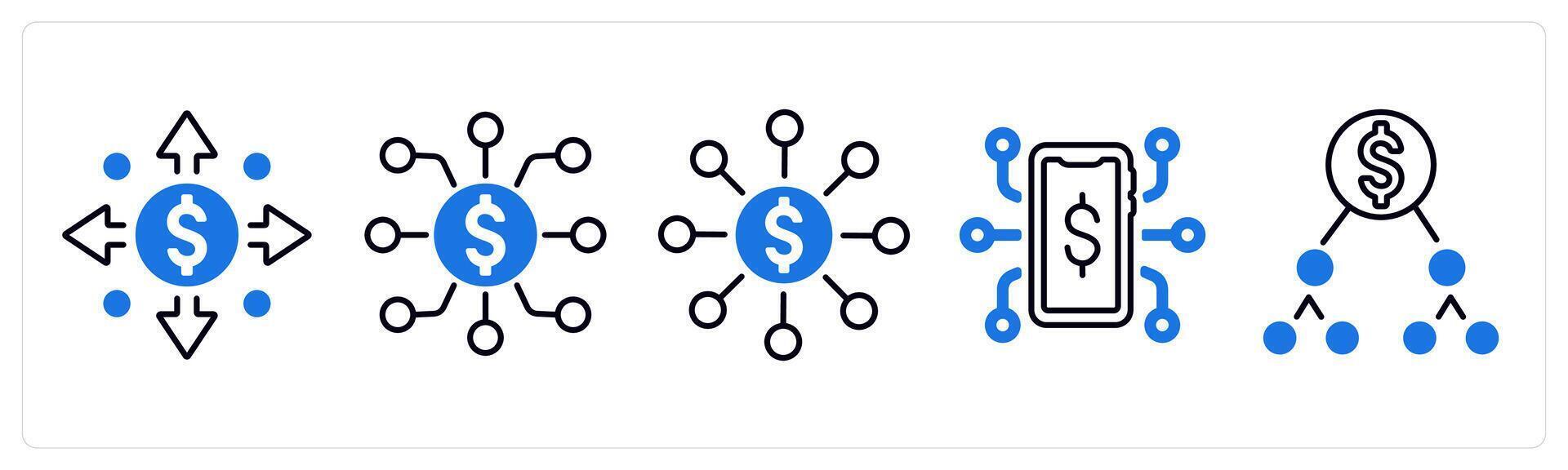 A set of 5 mix icons as money flow, finance network, fundraising network in blue color vector