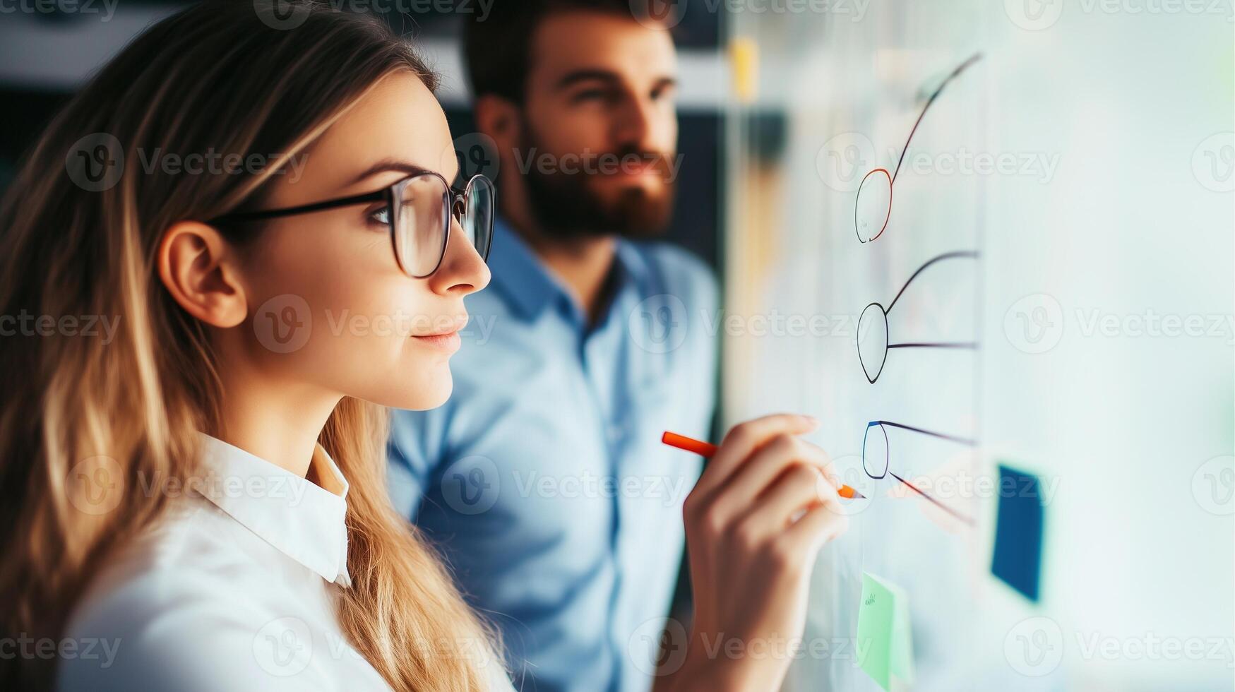 Young businesspeople preparing presentation in office image. Caucasian colleagues working with data on whiteboard photography scene photorealistic. Brainstorm concept photo realistic