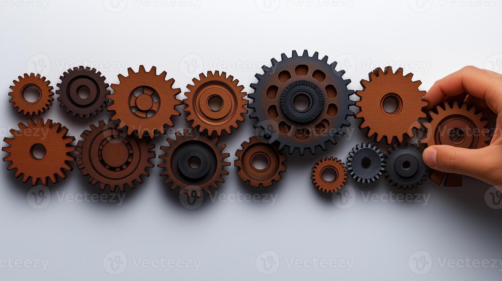 Various cogwheels set and technician hand top view, image closeup. Gears connection for effective work close-up photography. Business system maintaining concept photo realistic