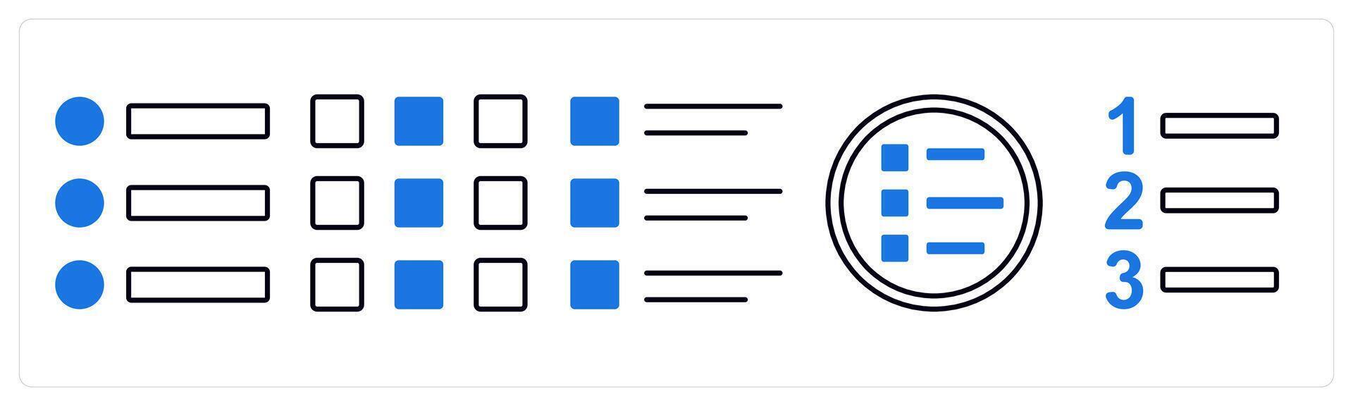 A set of 5 mix icons as list bullets, square grid, list in blue color vector