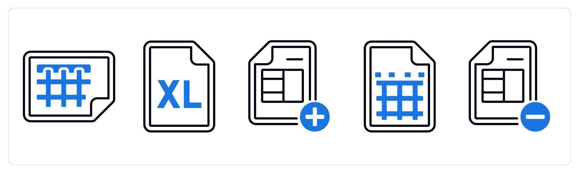 A set of 5 mix icons as excel sheet, add sheet, remove sheet in blue color vector