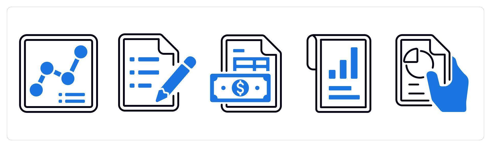A set of 5 mix icons as growth chart, text document, invoice in blue color vector