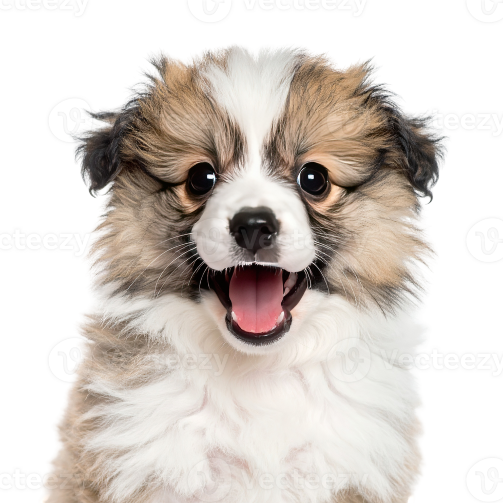Close-up of a playful puppy with open mouth isolated on a transparent background. png