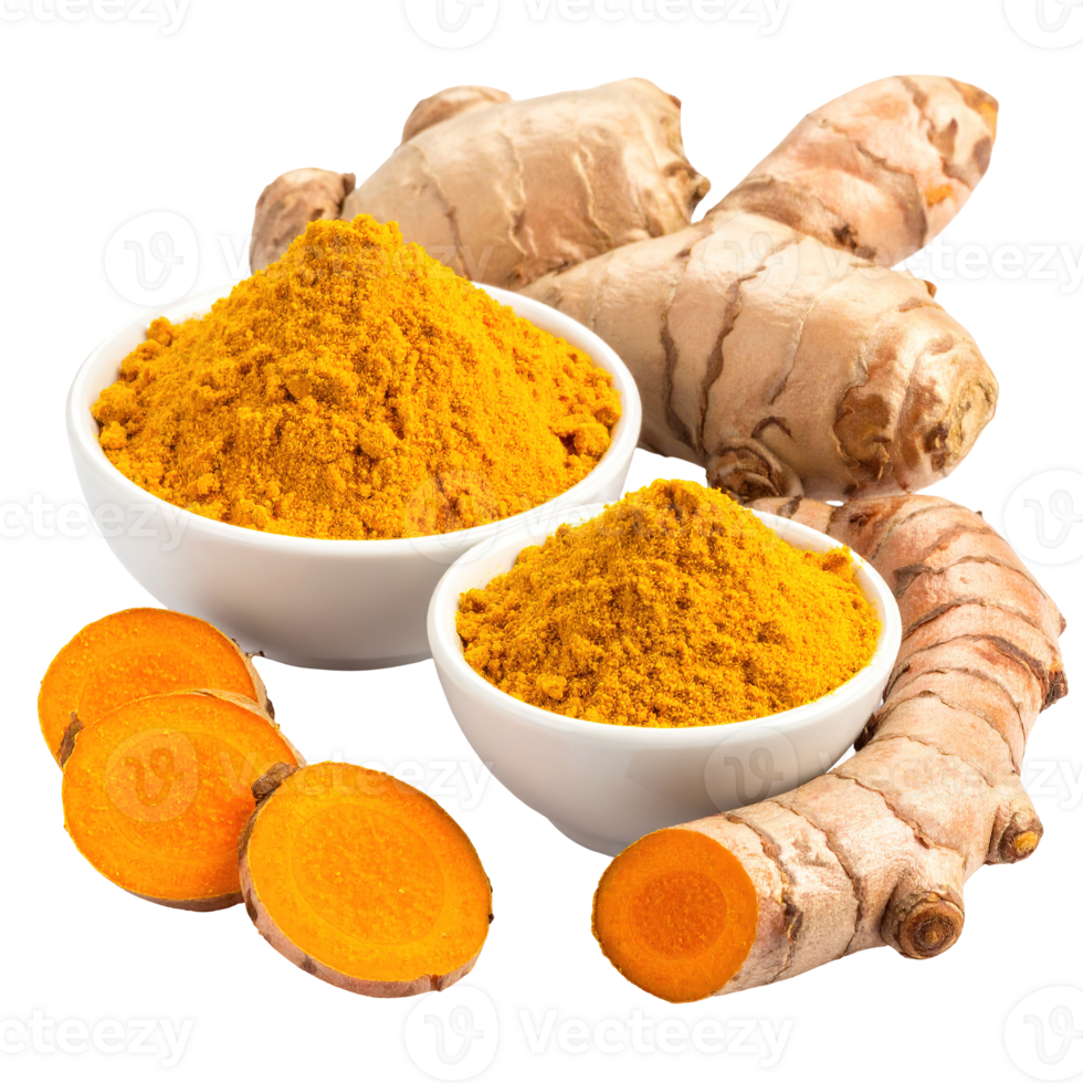 Turmeric powder and roots displayed isolated on a transparent background. png