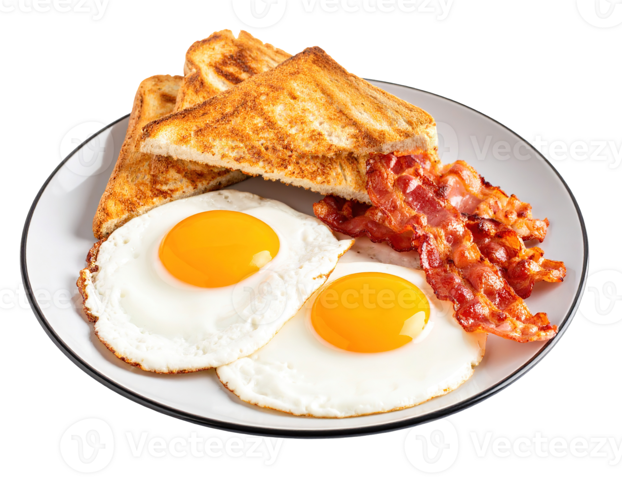 Fried eggs, bacon, and toast on a plate isolated on a transparent background. png