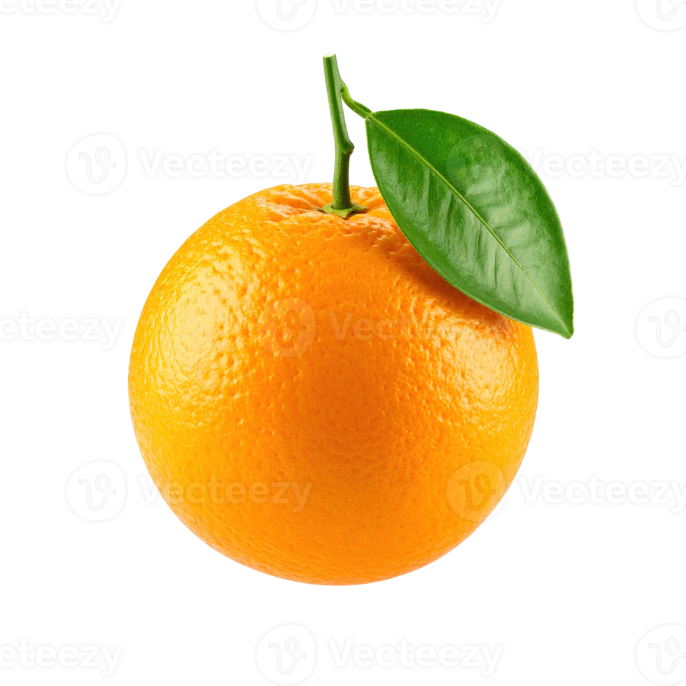 Close-up view of an orange with a leaf isolated on a transparent background. png