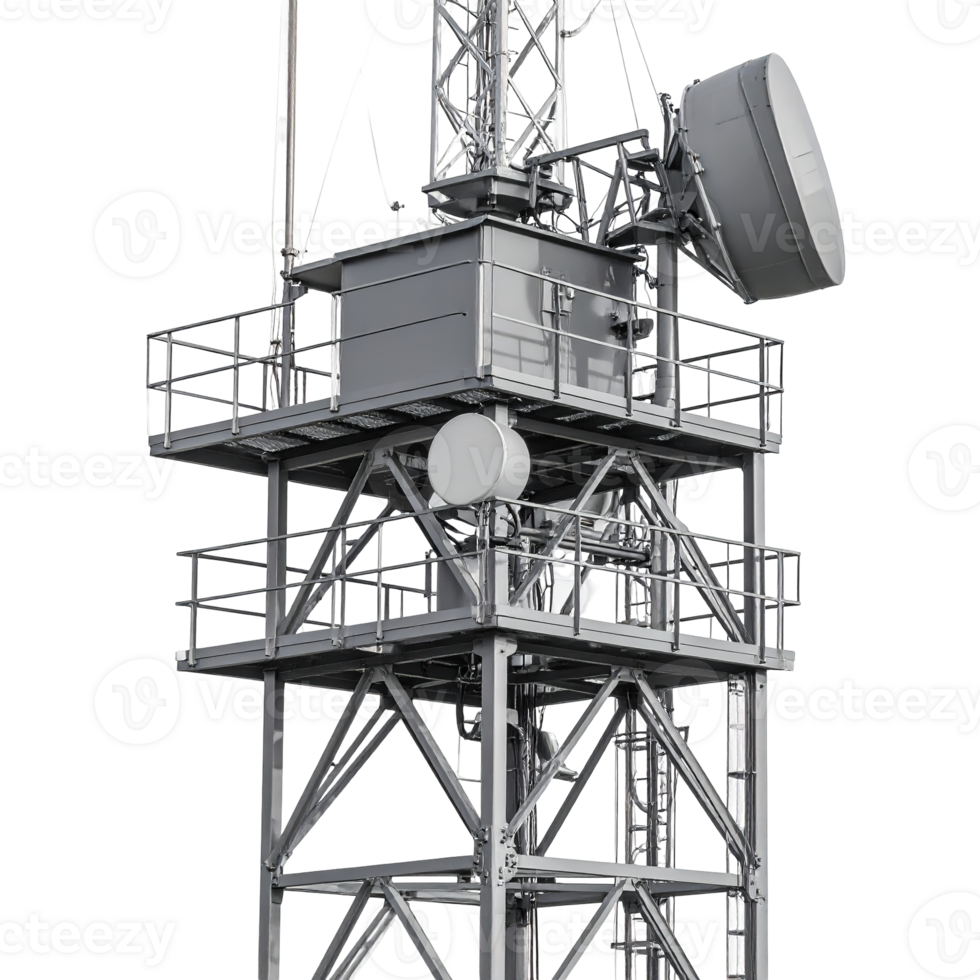 Metal communication tower with multiple levels and satellite dishes isolated on a transparent background. png