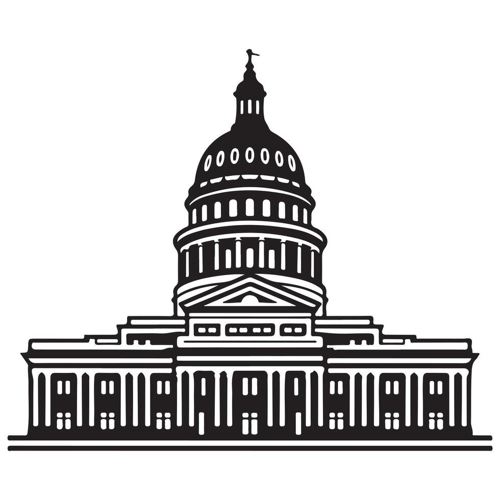 Black and white graphic illustration of a capitol building with dome government building architecture vector