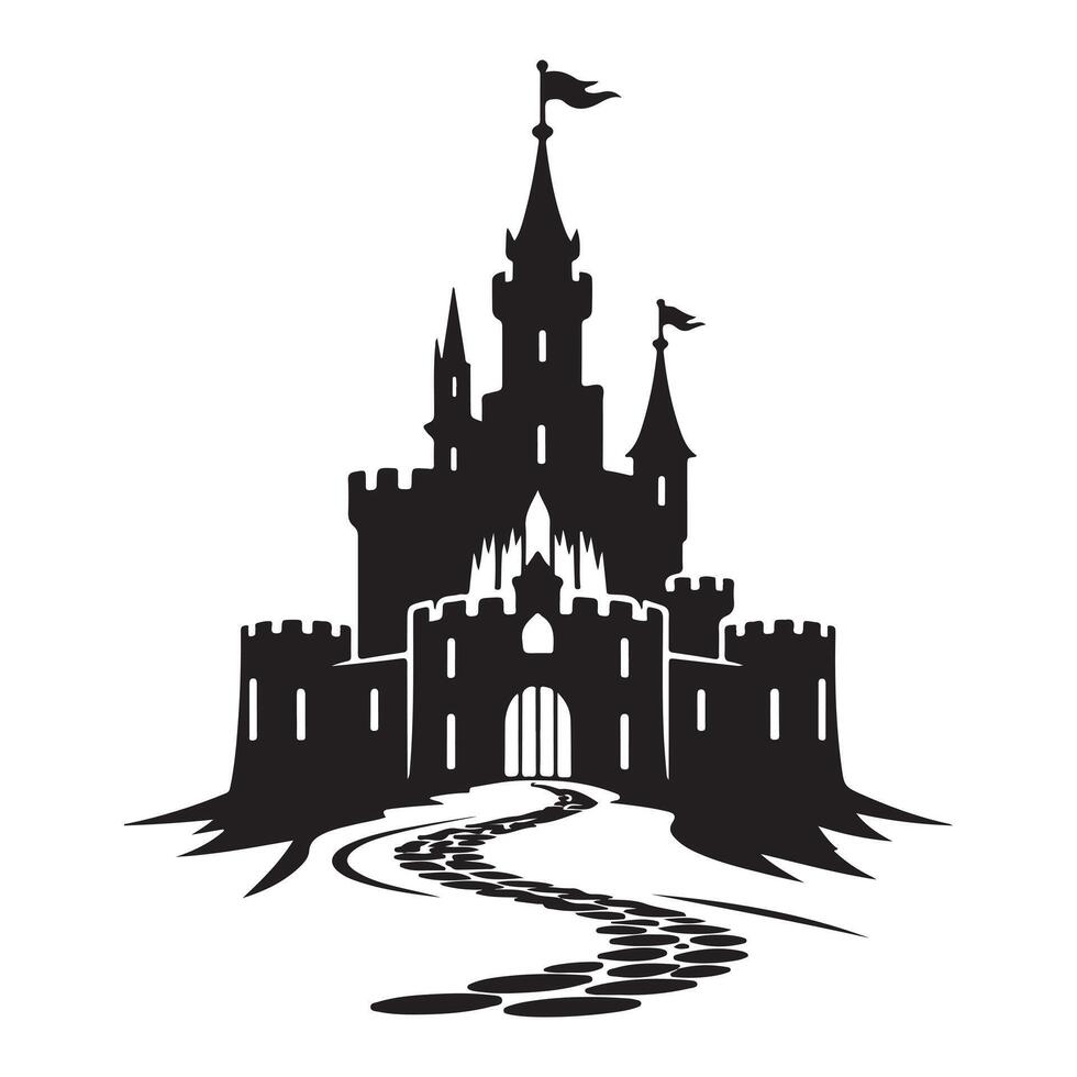 Black silhouette of a fairytale castle with a winding path of stepping stones fantasy architecture vector